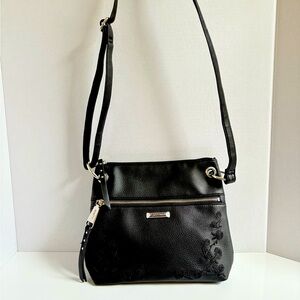 Rosetti Black Faux Leather Crossbody Bag – Floral Embroidery